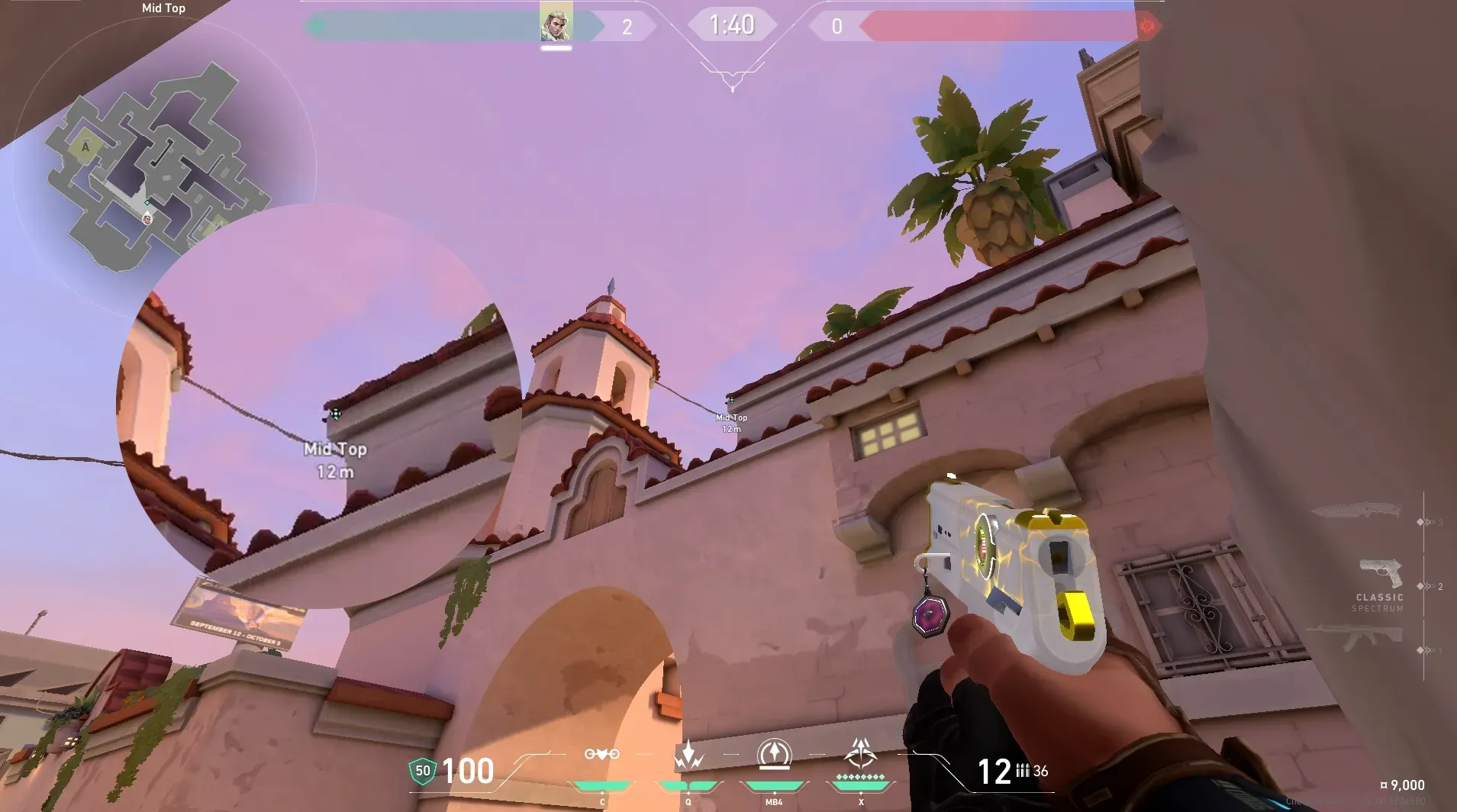 Sova Shock Bolt on Sunset Defense Site A — step 2 of 6: Aim — line up the shot