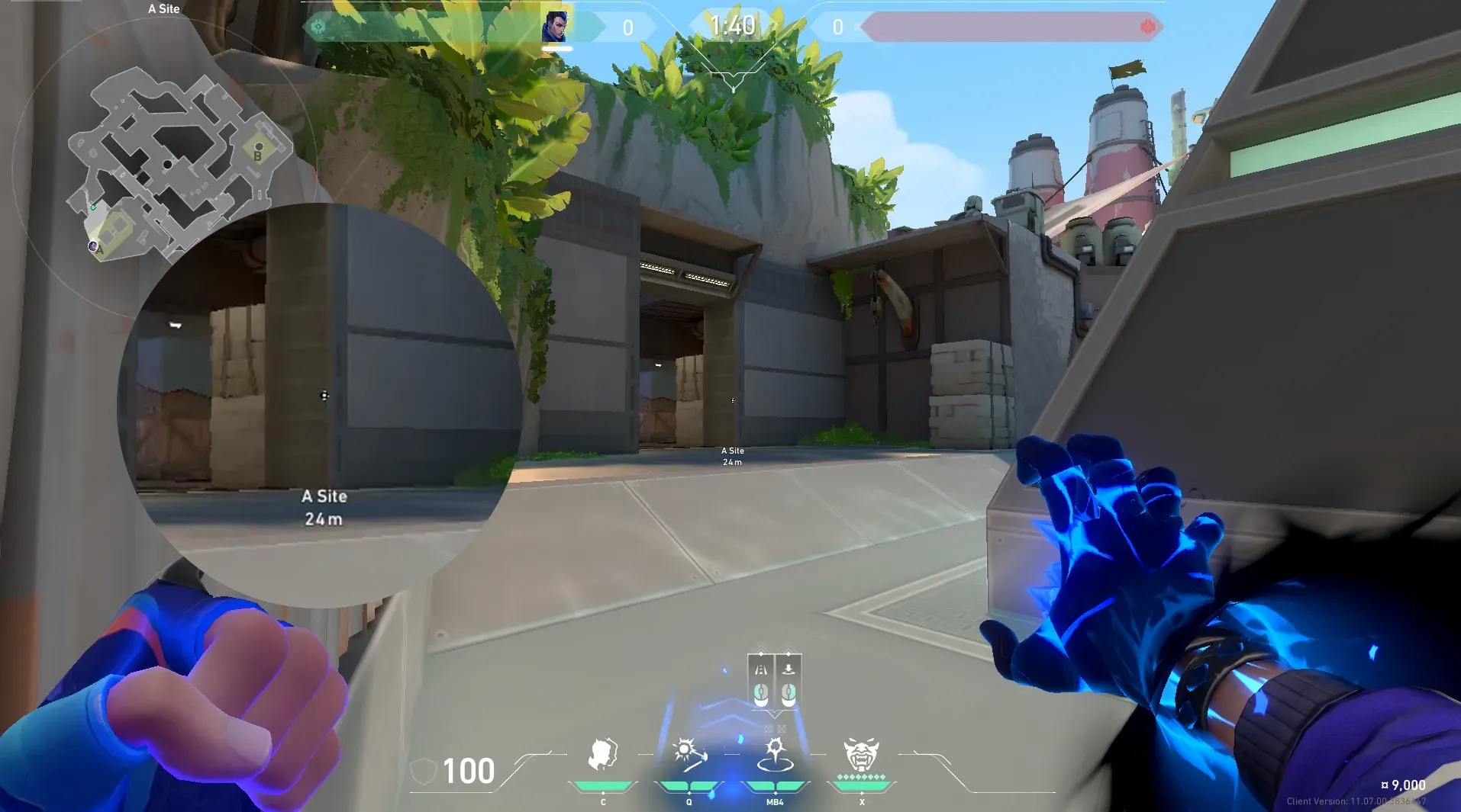 Yoru Gatecrash on Breeze Defense Site A — step 2 of 4: Aim — line up the shot