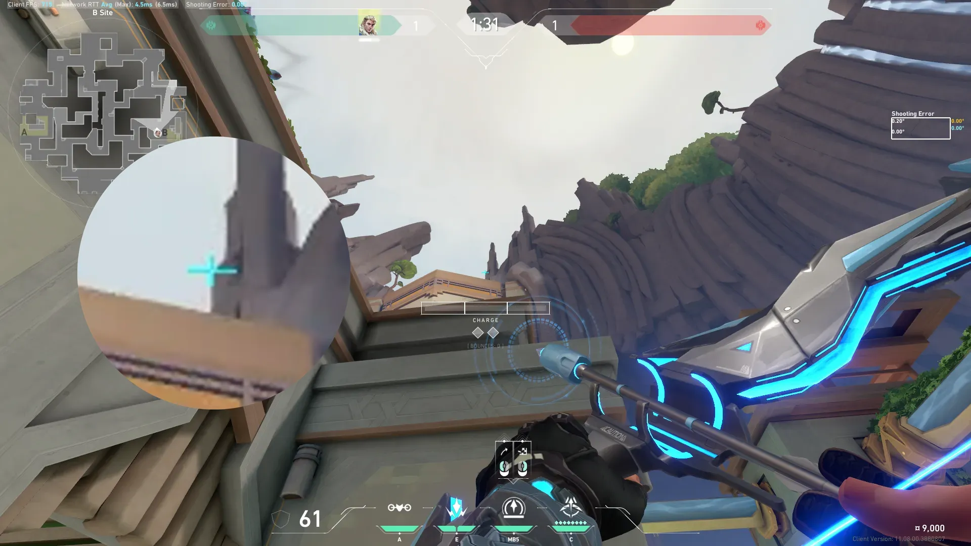 Sova Recon Bolt on Abyss Defense Site B — step 2 of 3: Aim — line up the shot