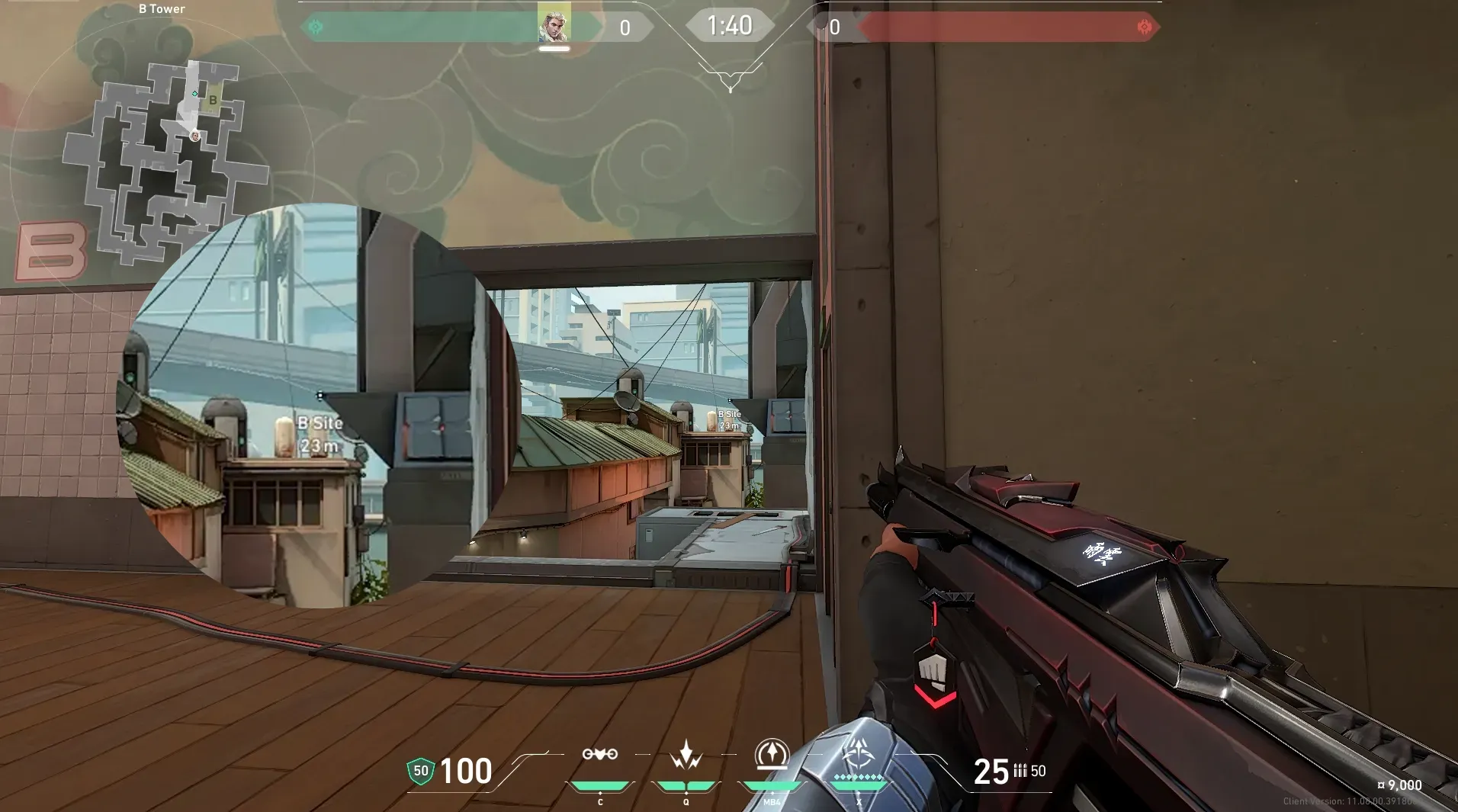 Sova Recon Bolt on Split Defense Site B — step 2 of 4: Aim — line up the shot