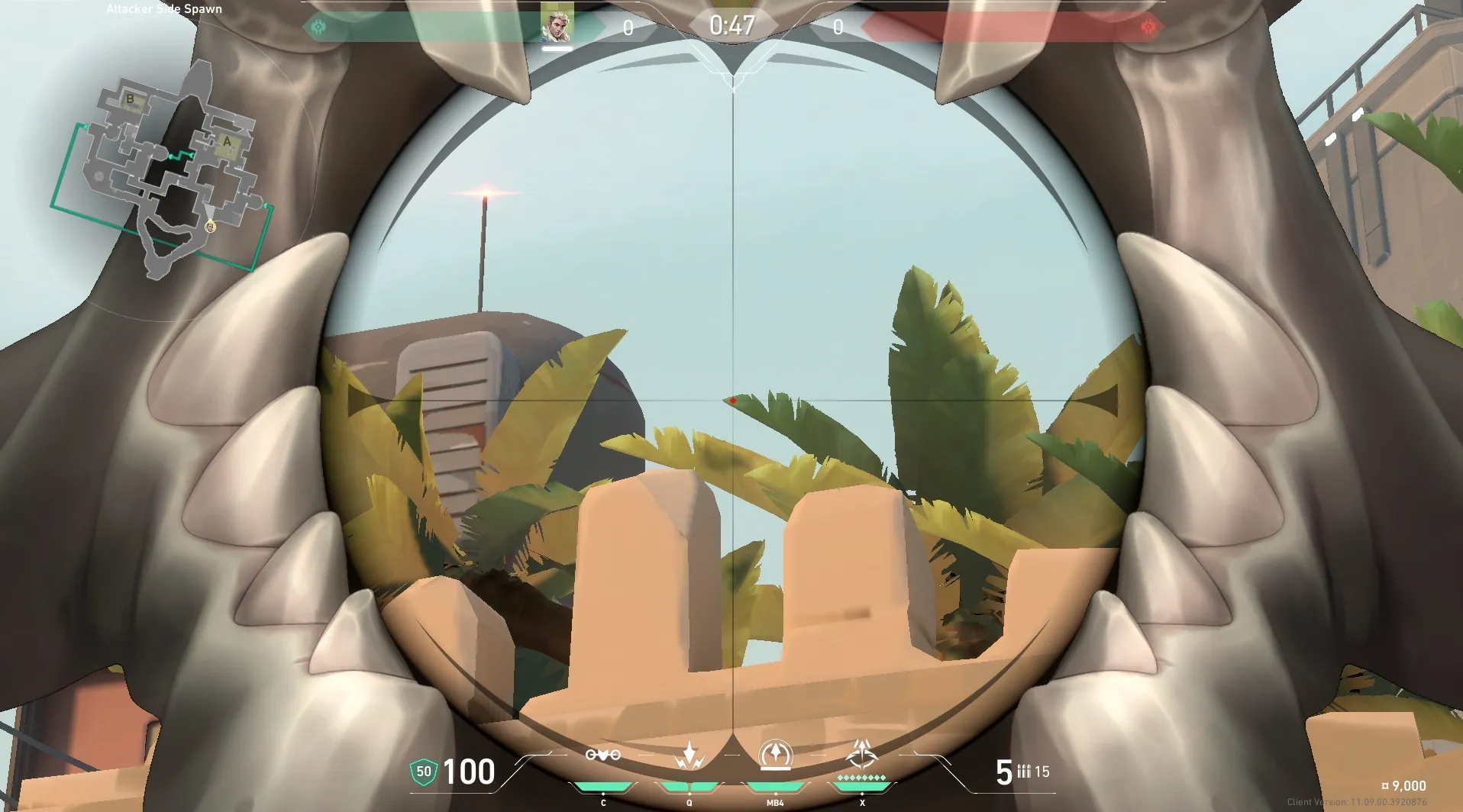 Sova Recon Bolt on Bind Attack Site B — step 3 of 4: Aim — line up the shot