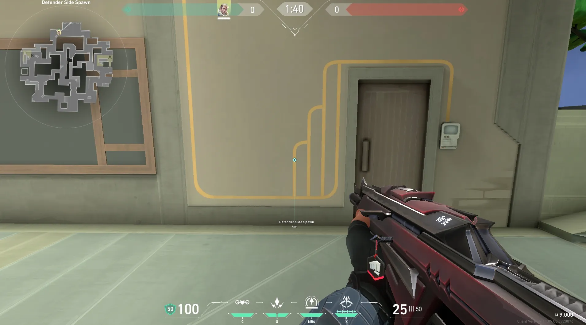 Sova Recon Bolt on Abyss Defense Site B — step 2 of 5: Aim — line up the shot