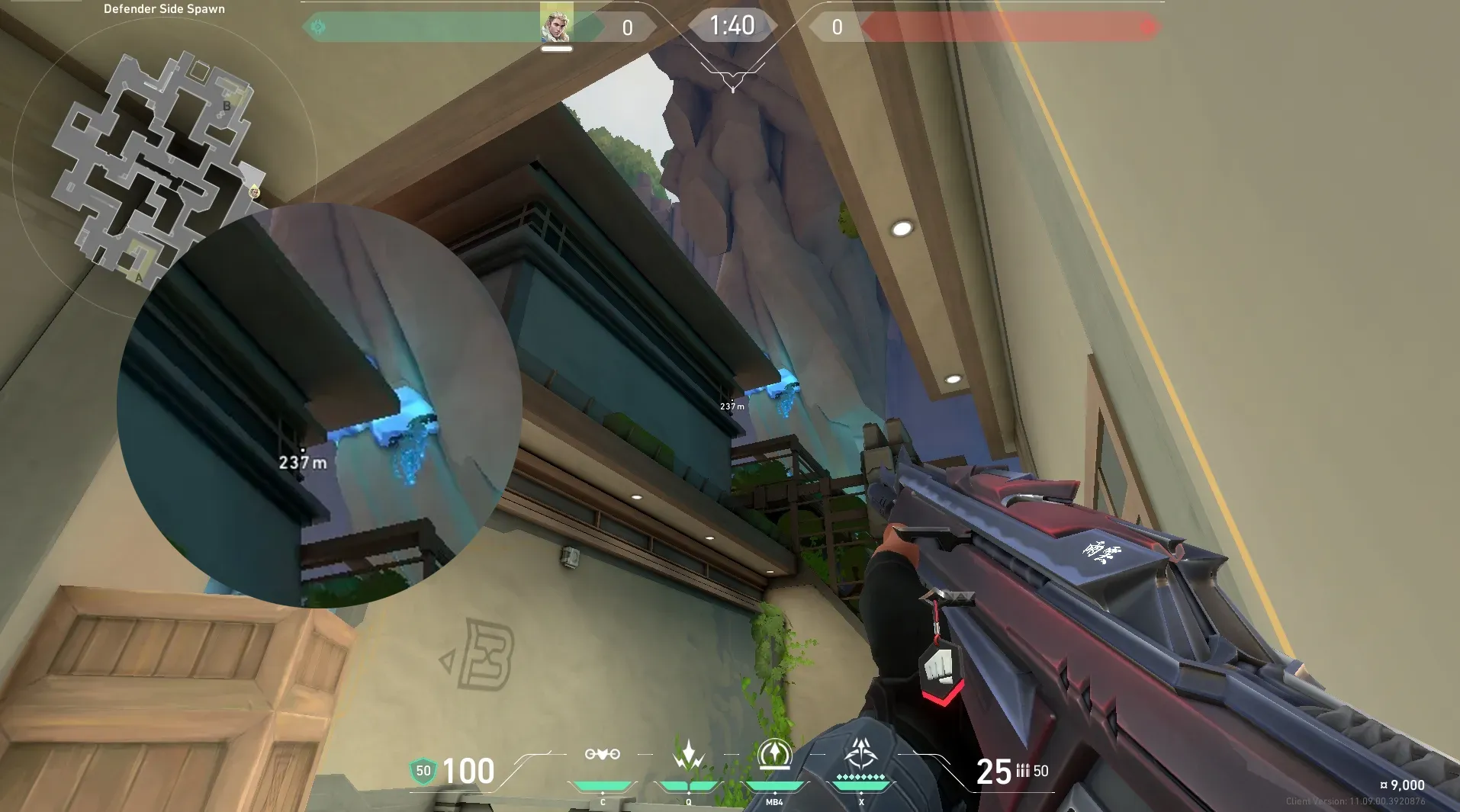 Sova Recon Bolt on Abyss Defense Site B — step 3 of 5: Aim — line up the shot