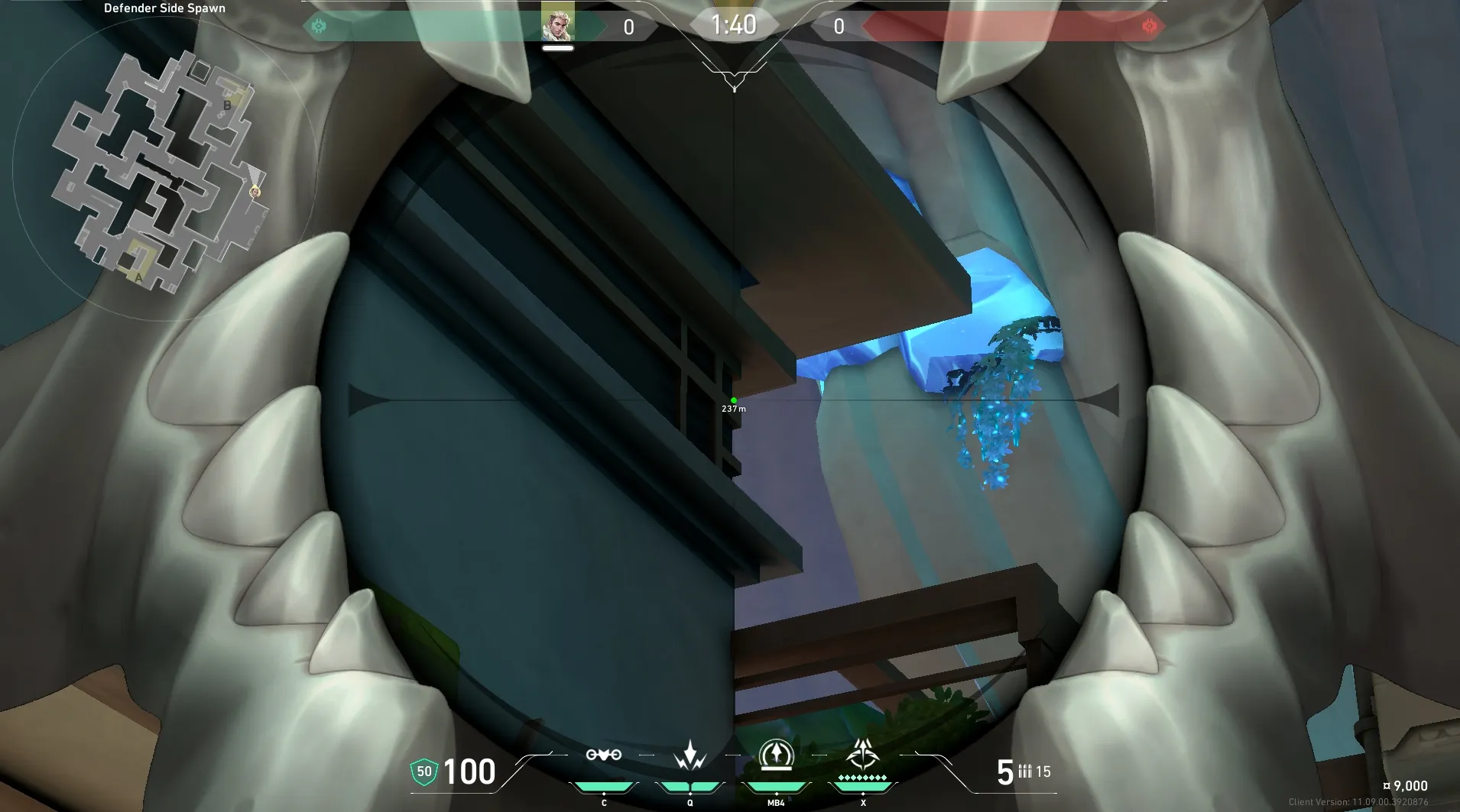Sova Recon Bolt on Abyss Defense Site B — step 4 of 5: Aim — line up the shot