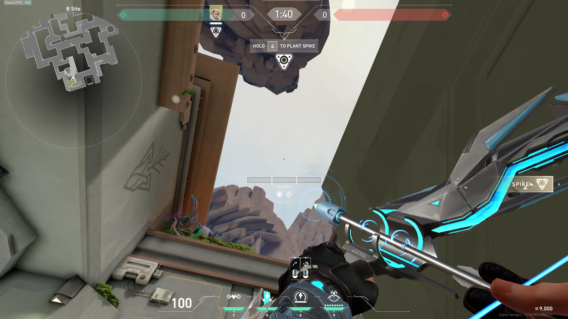 Sova Recon Bolt on Abyss Defense Site A — step 3 of 4: Aim — line up the shot